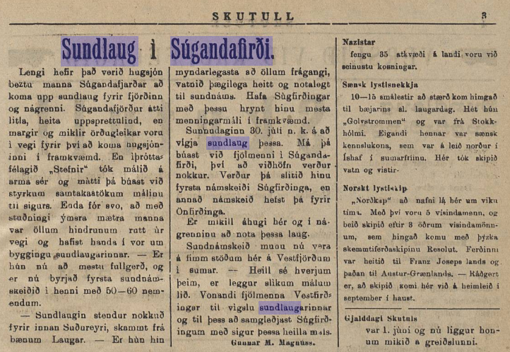 Blaðagrein í Skutli um byggingu sundlaugar í Súgandafirði 1933